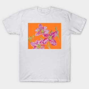 Pink Lily Flower Watercolor Painting Pattern - on Orange T-Shirt